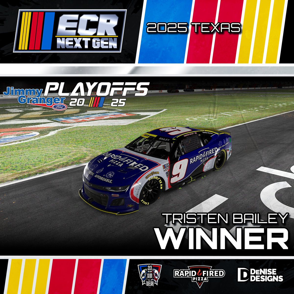 🏆 Victory at Texas! 🏆

<a href="/Tristen__18/">Tristen Bailey</a> takes the win in The Lone Star Showdown at Texas Speedway, scoring for Race #4 of the ECR Jimmy Grander Ford Playoffs!

🔥 Top Finishers:
2️⃣ <a href="/EliteWarMachine/">Tyler Birden</a> 
3️⃣ <a href="/speedmachine51/">⚡️51⚡️</a> 
4️⃣ <a href="/xEvo1ut1on/">Adam Boughton</a> 
5️⃣ <a href="/DougDeNise40/">Doug DeNise</a> 

Next week we head to Phoenix