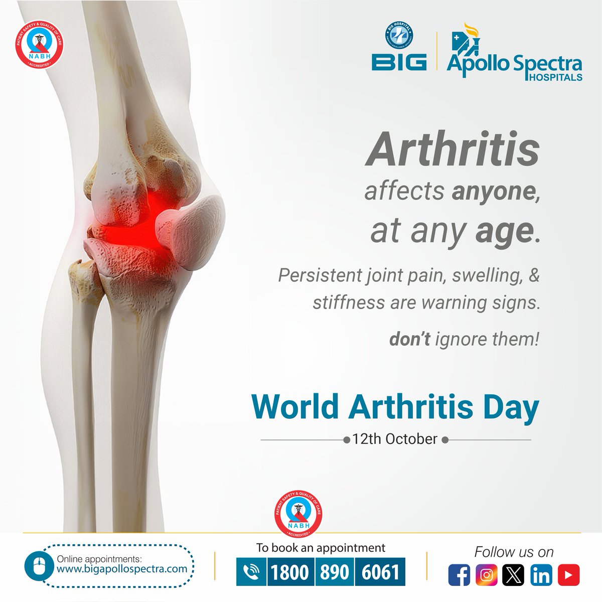🦴 World Arthritis Day | 12th October 2025 🦴

Let’s move towards a pain-free future! 💪

On World Arthritis Day, BIG Apollo Spectra Hospital, Patna, stands with all those battling joint pain and mobility issues.