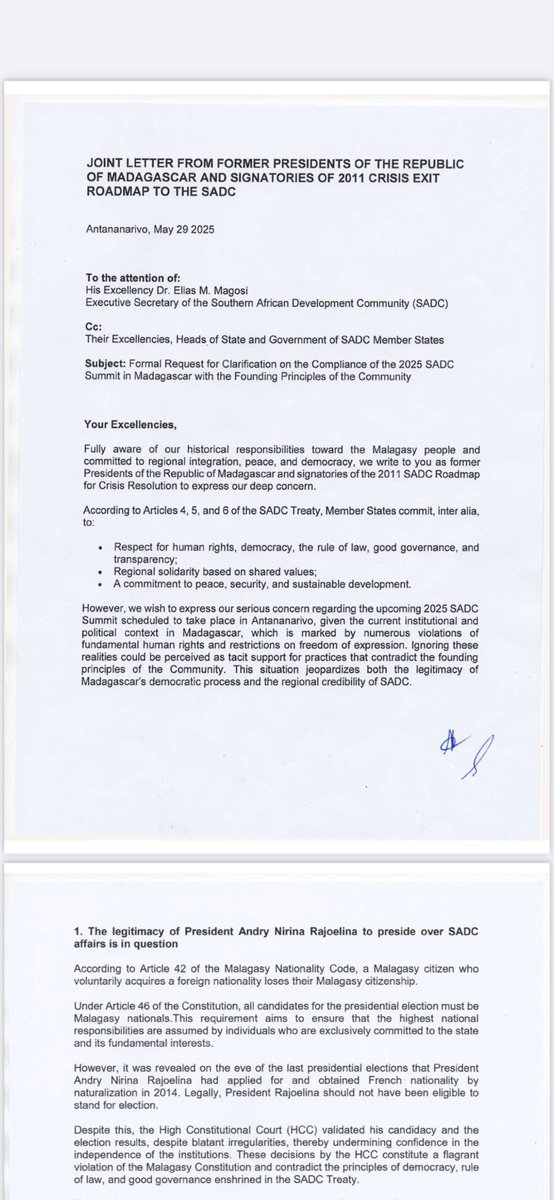 Sophie_Mokoena's tweet image. This letter was written by stakeholders in Madagascar requesting SADC not to hand over the chairmanship of the regional group to their president. That’s what has led to the coup. Signs were there. South Africa will have to take over SADC chairmanship.
#sabcnews.