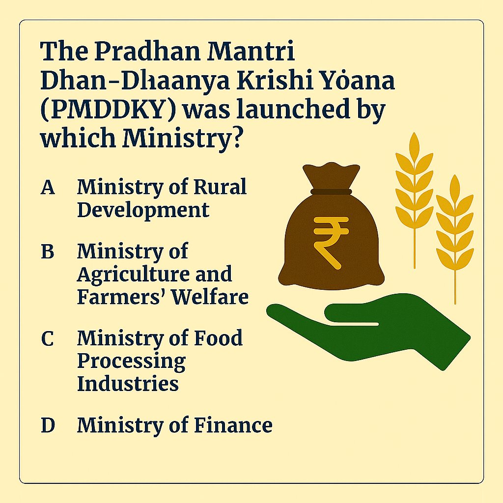 cematerial's tweet image. Current Affairs Quiz🔔🔔🔔:

The Pradhan Mantri Dhan-Dhaanya Krishi Yojana (PMDDKY) was launched by which Ministry?

#currentaffairsquiz #currentaffairs 
#UPSC  #SSC #UPSCPrelims2026 #RRB #BPSC