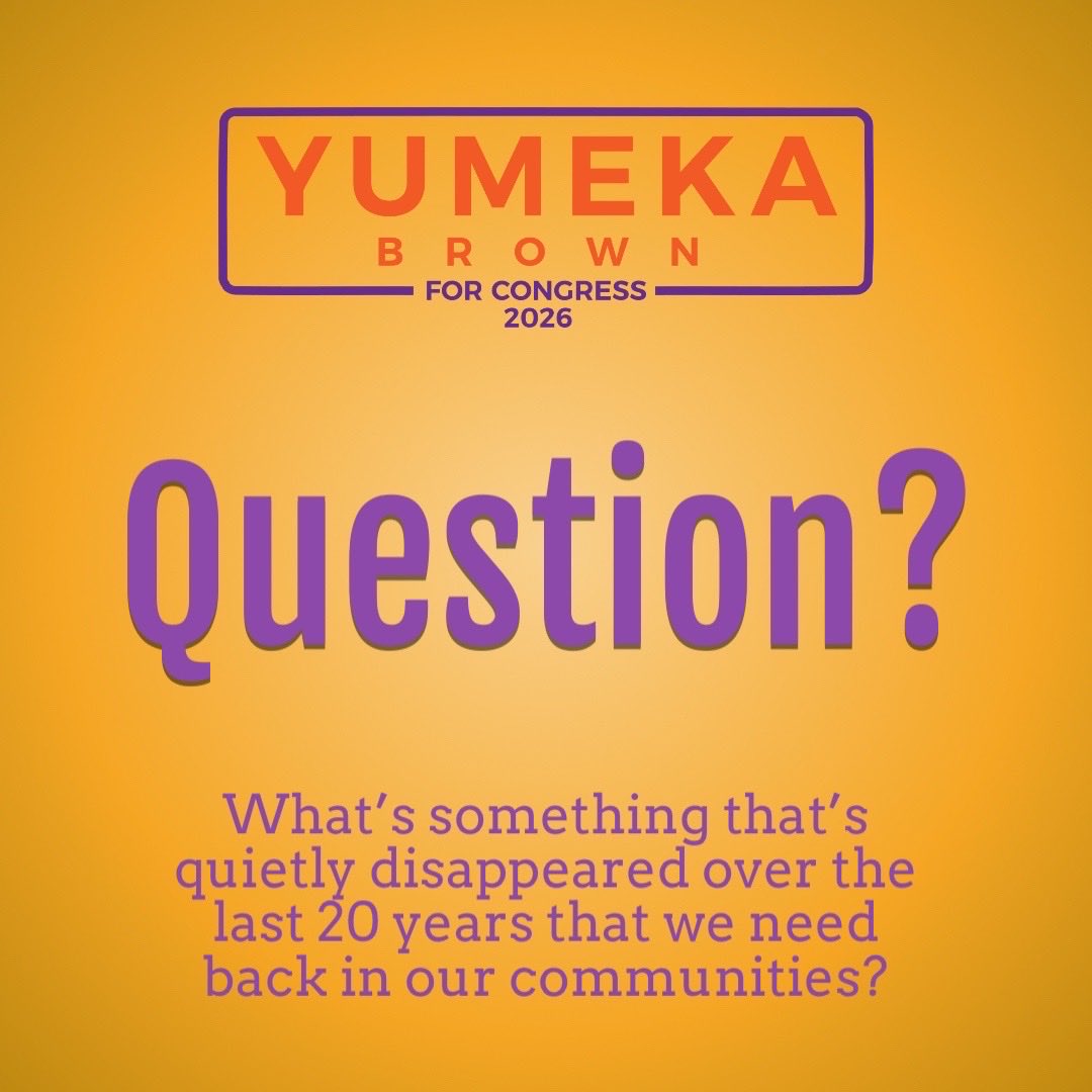 BrownYumeka's tweet image. What’s something that’s quietly disappeared over the last 20 years that we need back in our communities?

Drop your answers below 👇🏽 Let’s talk about what really matters.

#YumekaForCongress #PeopleFirst #CommunityMatters