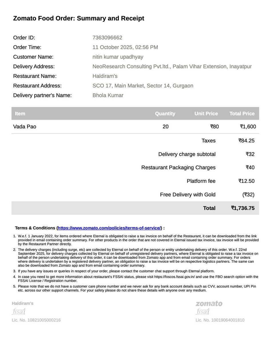 AakashS05434865's tweet photo. Hey @zomato , order no. 7363096662 (20pc) was a mess from Haldiram's. Missing vada, torn/smelling pav—horrible quality! Total order ₹1736, but only ₹500 refund is a joke. @deepigoyal , can you please look into this quality and partial refund issue? #CustomerComplaint #Zomato https://t.co/E328GDgxsP