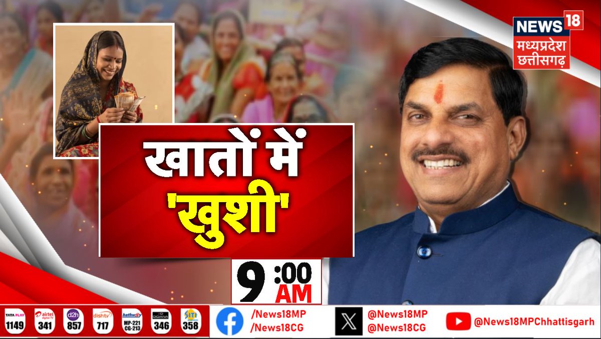 News18MP's tweet image. खातों में 'खुशी'
देखिए सुबह 9:00 बजे सिर्फ न्यूज18 मध्य प्रदेश छत्तीसगढ़ पर...
#cmmohanyadav #laldlibehnayojana