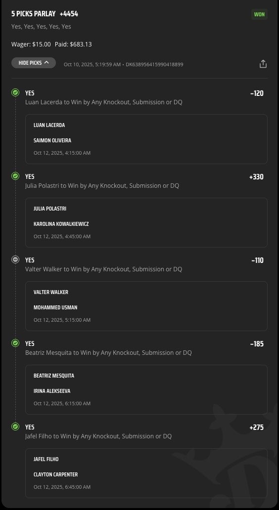 GeoJaneiro's tweet photo. But we did cash a #NarrativeNation Parlay, the #CariocaViolence Parlay
Every Cariocaโevery Rio de Janeiro fighterโinside the distance.
#UFCRioDeJaneiro https://t.co/edtLNdPofA