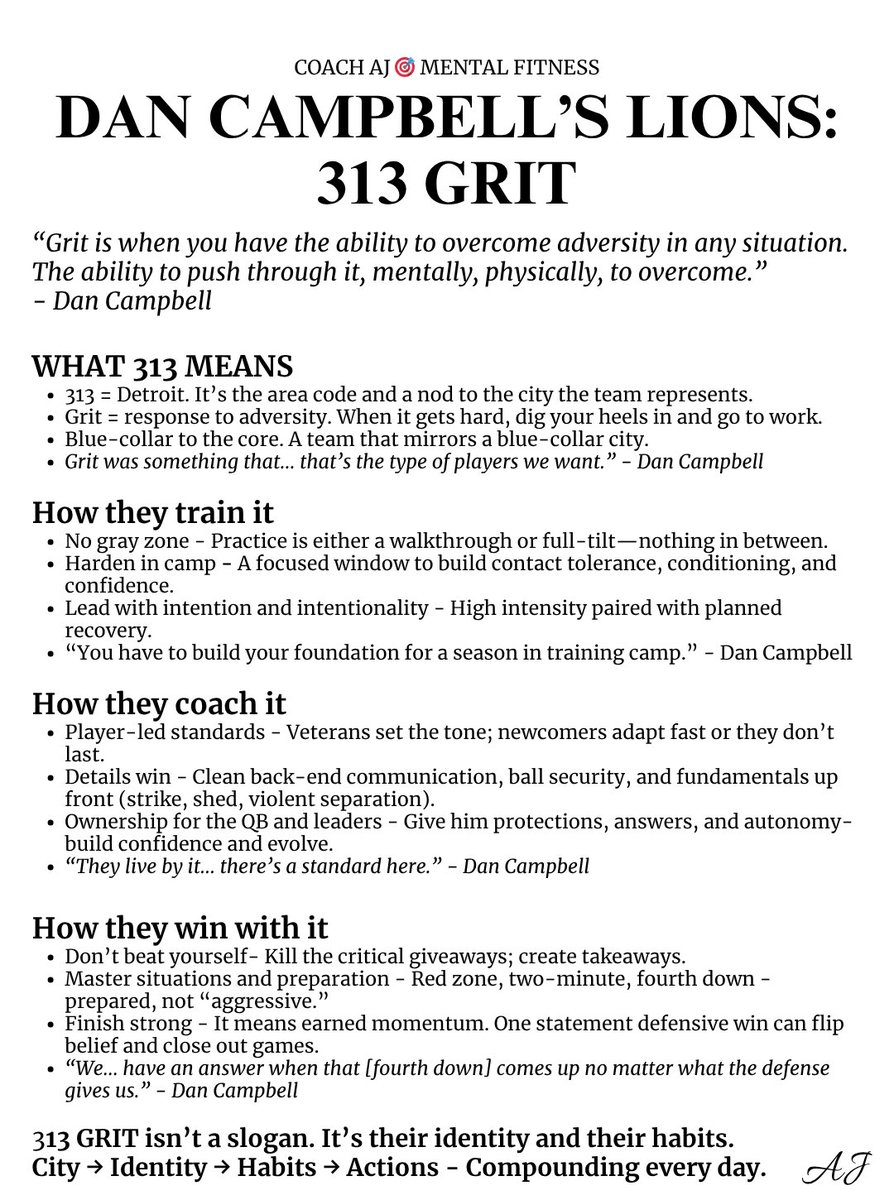 coachajkings's tweet image. Dan Campbell didn’t turn around the Lions with luck - he built an identity.

It’s called 313 Grit.

(📌Bookmark it)