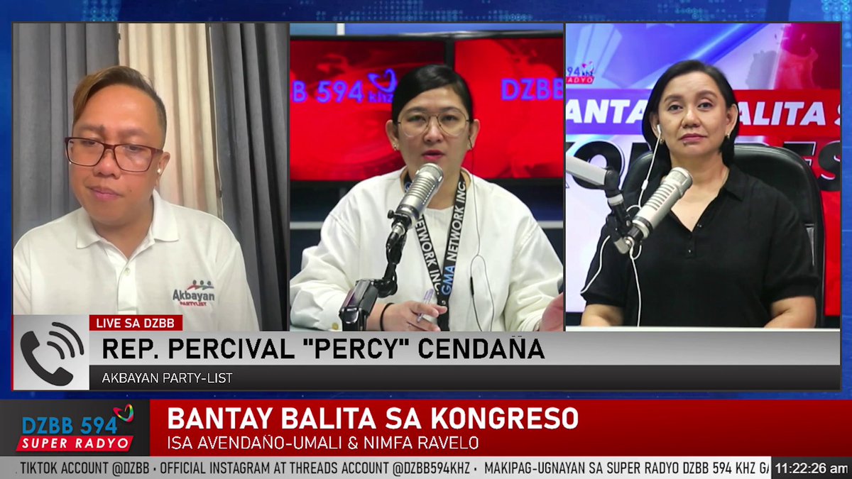 dzbb's tweet image. LIVE sa DZBB: Akbayan Party-List Rep. Percival “Percy” Cendaña kaugnay ng budget deliberations.

📻: @dzbb 594 kHz
📡: gmanetwork.com/radio/streamin…
📱: facebook.com/dzbb594/videos…