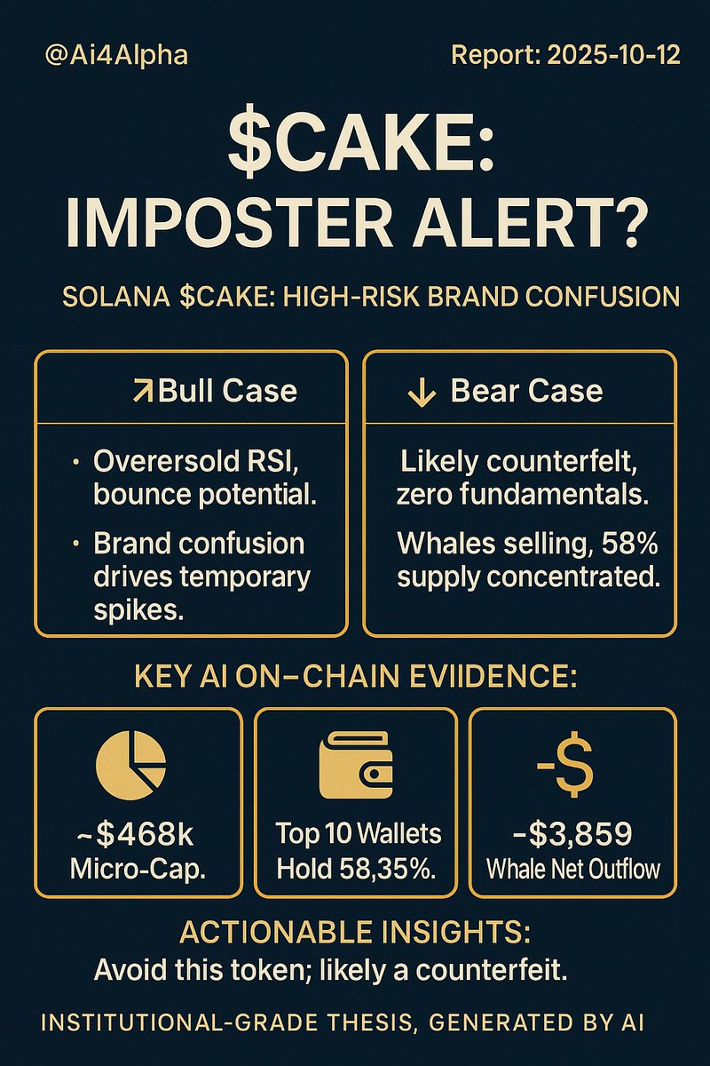 Ai4Alpha's tweet image. This $CAKE is oversold, eyeing a potential 40% relief rally. But 58% is held by whales, risking an instant, catastrophic dump. Is it a trade or a trap?

Our full thesis, your deep-dive. 👇
thesis.ai4alpha.io/reports/cake/2…

$CAKE #PancakeSwap