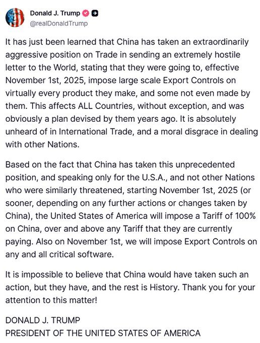 MrSinha_'s tweet image. Trump announced 100% Tarrif of China.... Thank you for your attention to this matter...