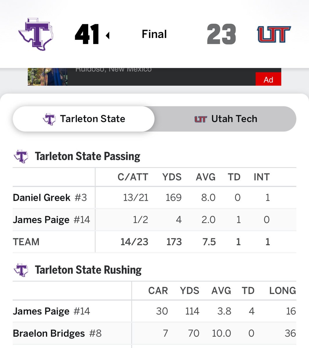 <a href="/SickosCommittee/">Sickos Committee</a> FCS Tarleton has so many RB injuries they started their 3rd string QB @ RB1 against Utah Tech. He accounted for 5 total TD’s.