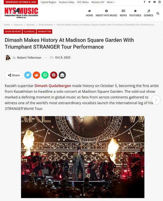 Créd: DimashNews.com
Medios extranjeros están escribiendo sobre el concierto d Dimash en NY
NYS Music es una organización sin fines de lucro q apoya el periodismo independiente de música y arte en el estado de Nueva York. La publicación ofrece reseñas musicales diarias,
