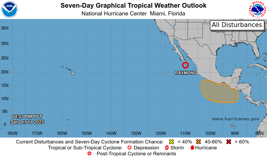 NHC_Pacific's tweet photo. 10/11 5pm PDT: There is a medium chance of tropical cyclone formation offshore southern #Mexico during the middle to late portion of next week.  See https://t.co/Oy8uoeRKme for details. https://t.co/MQFUiPa1GE