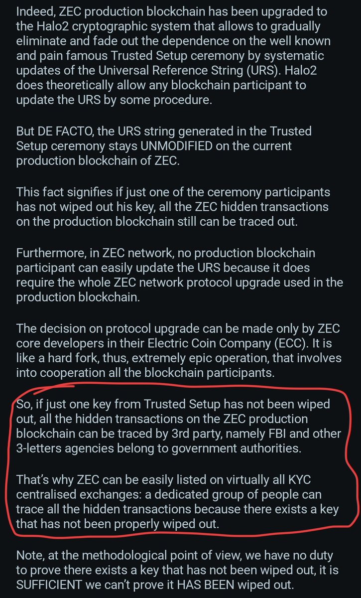 The_Fast_One_'s tweet image. For those who dont want to read the full text:
tldr: ZCASH CANNOT BE PROVEN TO BE UNCOMPROMISED.
Furthermore we have no duty to prove ourselves its not uncompromised.
Zcash functions as "trust, dont verify".
At least BTC doesnt claim to be private.
