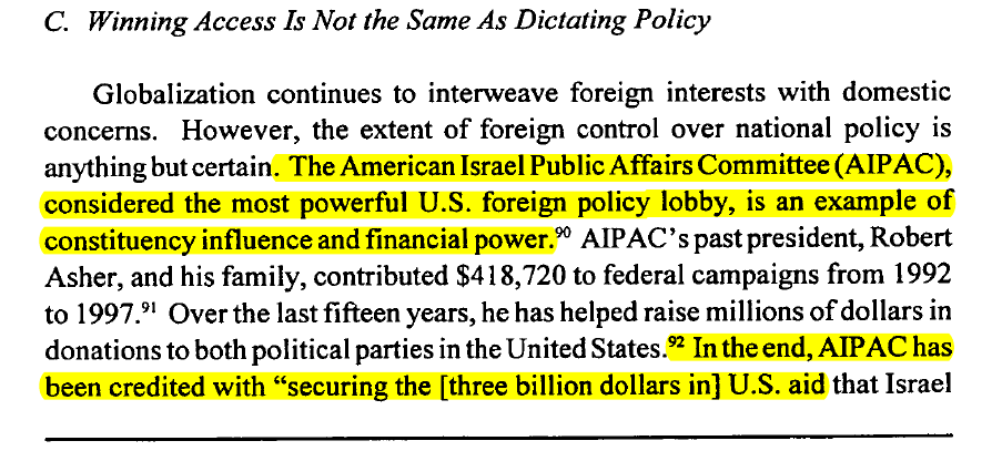 Alkim_X's tweet photo. "The American Israel Public Affairs Committee (AIPAC), considered the most powerful U.S. foreign policy lobby, is an example of constituency influence and financial power."

Obvious in 1998. https://t.co/ZyAf1rXeaW