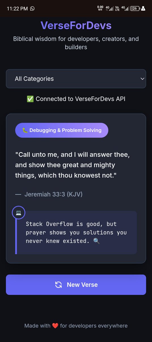 raymondproguy's tweet image. God gives the feature, we just deploy it.

Just shipped VerseForDevs FULL STACK:
Backend serving wisdom
Frontend looking beautiful  
Zero CORS issues (miracle!)
Real users getting inspired
Proof that even biblical apps need CI/CD 😇

Test: raymondproguy.github.io/versefordevs.a…
#DevHumor #Tech