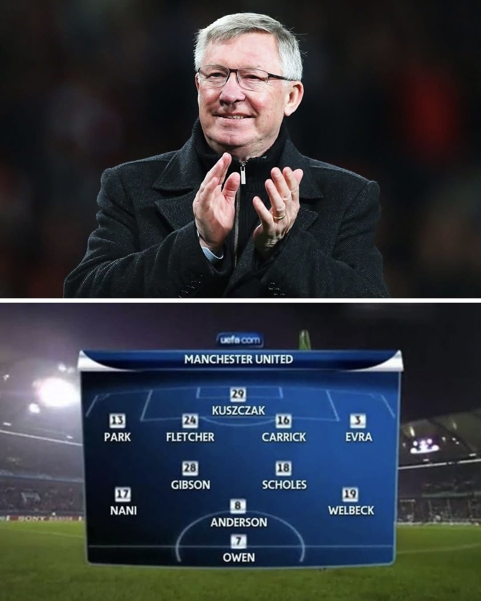 Utd_Forever7's tweet image. 🚨Never forget when Sir Alex Ferguson beat a title-winning Wolfsburg side 3-1 with this XI 😳

He started with one defender, EIGHT midfielders and a striker past his prime!

GOAT 🐐  #MUFC