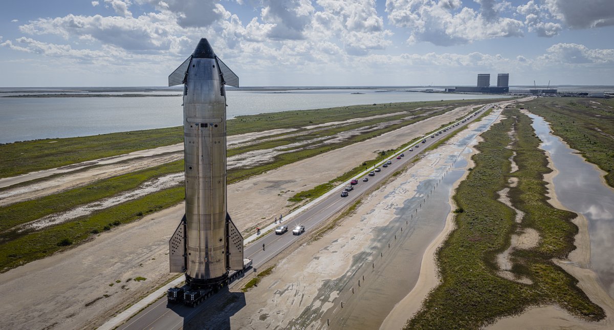 SpaceX's tweet image. Starship moved to the pad at Starbase ahead of the eleventh flight test