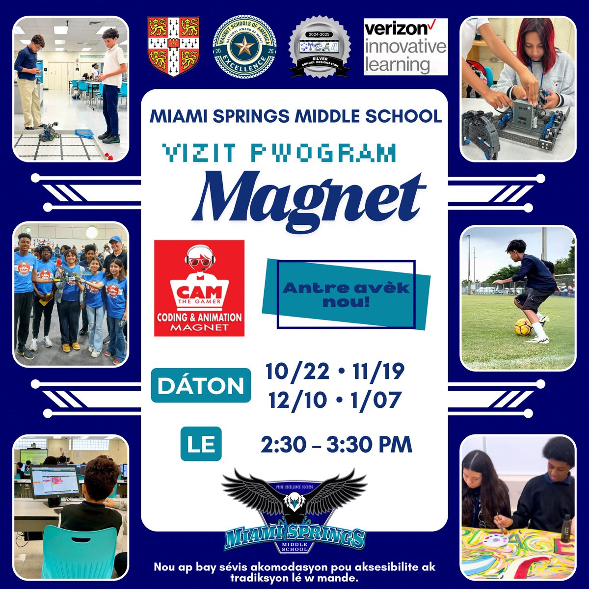 ✨🦅 JOIN US for a MAGNET TOUR!

🧲 Explore our Coding &amp; Animation Magnet Program &amp; discover why MSMS is #YourBestChoiceMDCPS! 🦅

📅 10/22 • 11/19 • 12/10 • 1/07
⏰ 2:30–3:30 PM
📧 Ms. Diana Ocana, Magnet Lead Teacher, docana@dadeschools.net

<a href="/MDCPS/">Miami-Dade Schools</a> <a href="/MsSwainCRO/">MsSwain_CRO</a> <a href="/miamimagnets/">Miami Magnet Schools</a>