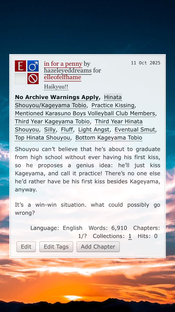 lis_hazeldreams's tweet image. happy day 7 of hinakage week!! i hope you all enjoy the first chapter of my practice kissing au!!! i am having a blast with this, and i hope you enjoy 🧡💙

#hinakage #HnKgWeek2025 #NSFWHnKgweek2025 @HinaKageWeek