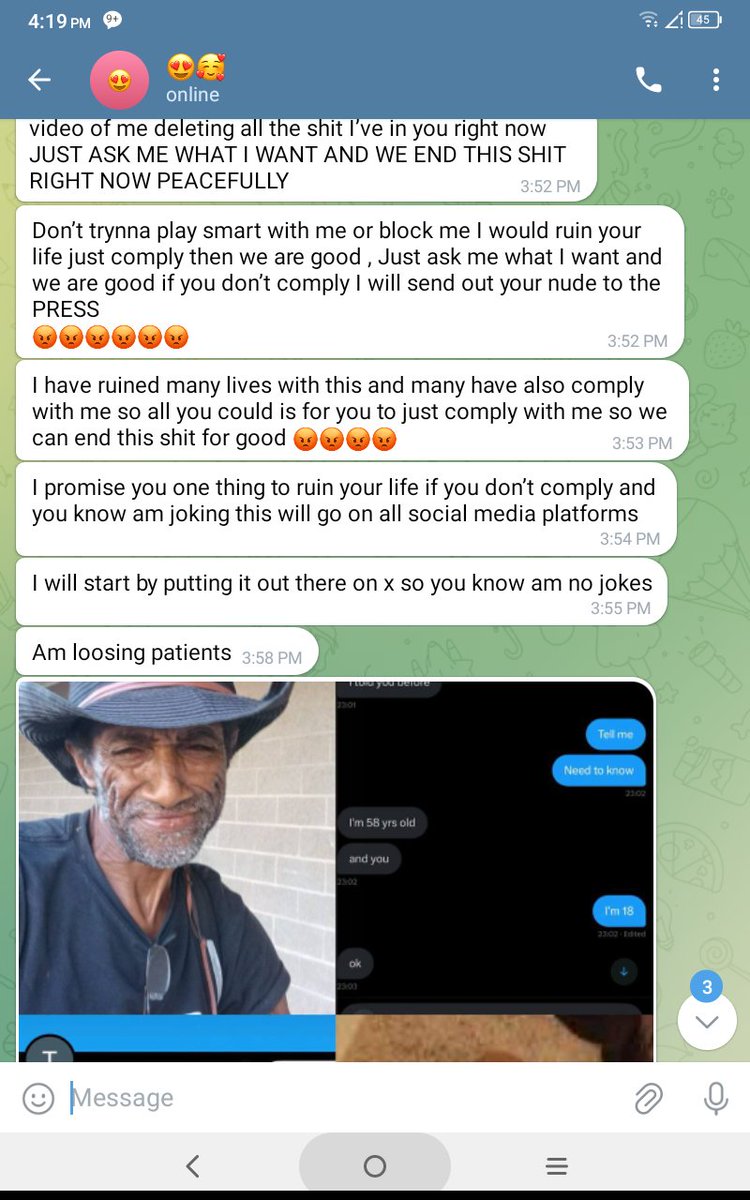 Tonycraig267's tweet photo. some asshole trying to I blackmail me with fake fotos..and threats .it's pathetic that these fuckers exist but it is what it is ..please be cautious. https://t.co/PgeKnzPgCy