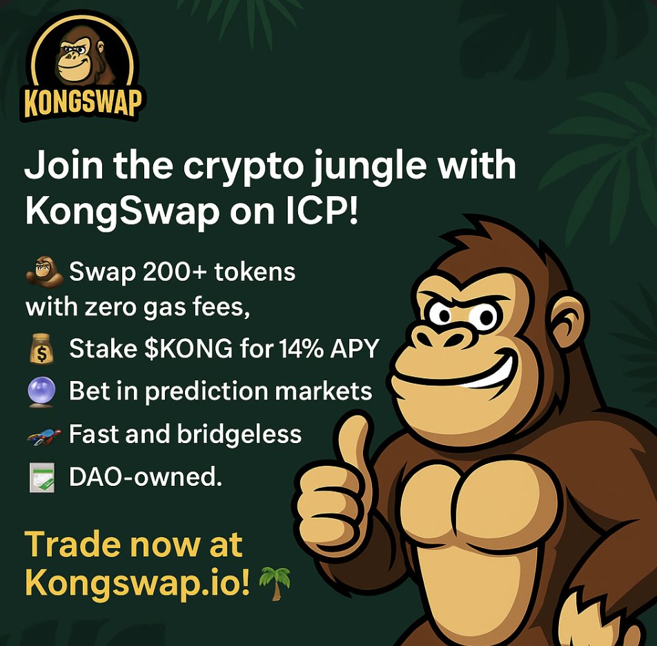 The jungle just got louder 🌴🦍

@kongswapx is changing the game on ICP — zero gas fees, 14% APY staking, and the fastest, bridgeless swaps in the wild. 💰⚡️

I’m stacking $KONG and swinging through the markets like a DeFi ape. 🚀
Join the movement 👉 kongswap.io #ICP