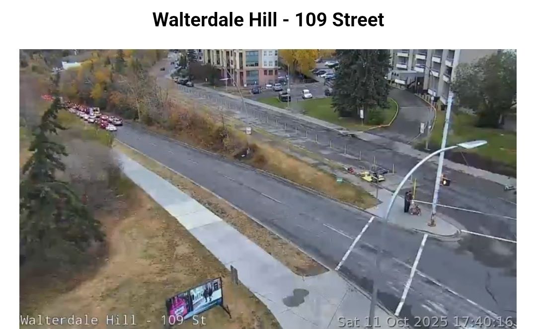 Walterdale Bridge is currently blocked or stopped traffic due to unknown reasons. Walterdale Hill and Queen Elizabeth Park Rd are at a standstill.