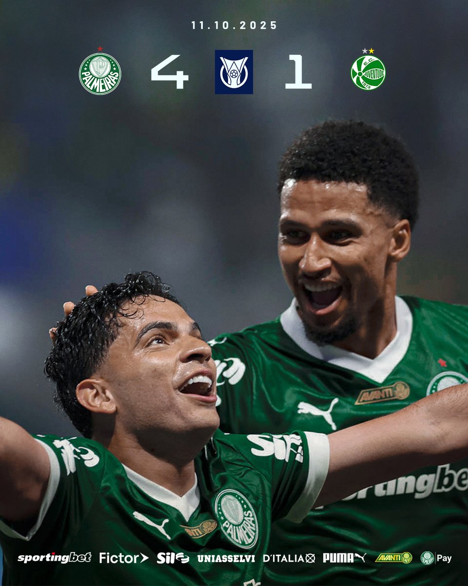 Palmeiras's tweet image. ANOTA MAIS TRÊS PONTOS NA CONTA DO #MAIORCAMPEÃODOBRASIL! É A OITAVA VITÓRIA NOS ÚLTIMOS DEZ JOGOS NO @BRASILEIRAO! 💚🤍

🏆 Palmeiras 4x1 Juventude
⚽ Raphael Veiga, Bruno Rodrigues, Bruno Fuchs e Felipe Anderson.

#FimDeJogoSEP