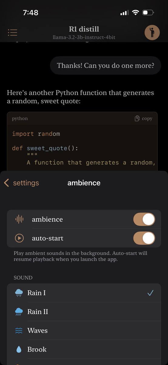 var_rocketbro's tweet photo. Over the past couple days, been making my own upgrades to @fullmoonapp since it's open source
- voice mode
- install models via hugging face url
- ambient sounds to help maintain focus in the app
- code block rendering

Cool app. Dm if you want testflight https://t.co/F2GyZVhpUH