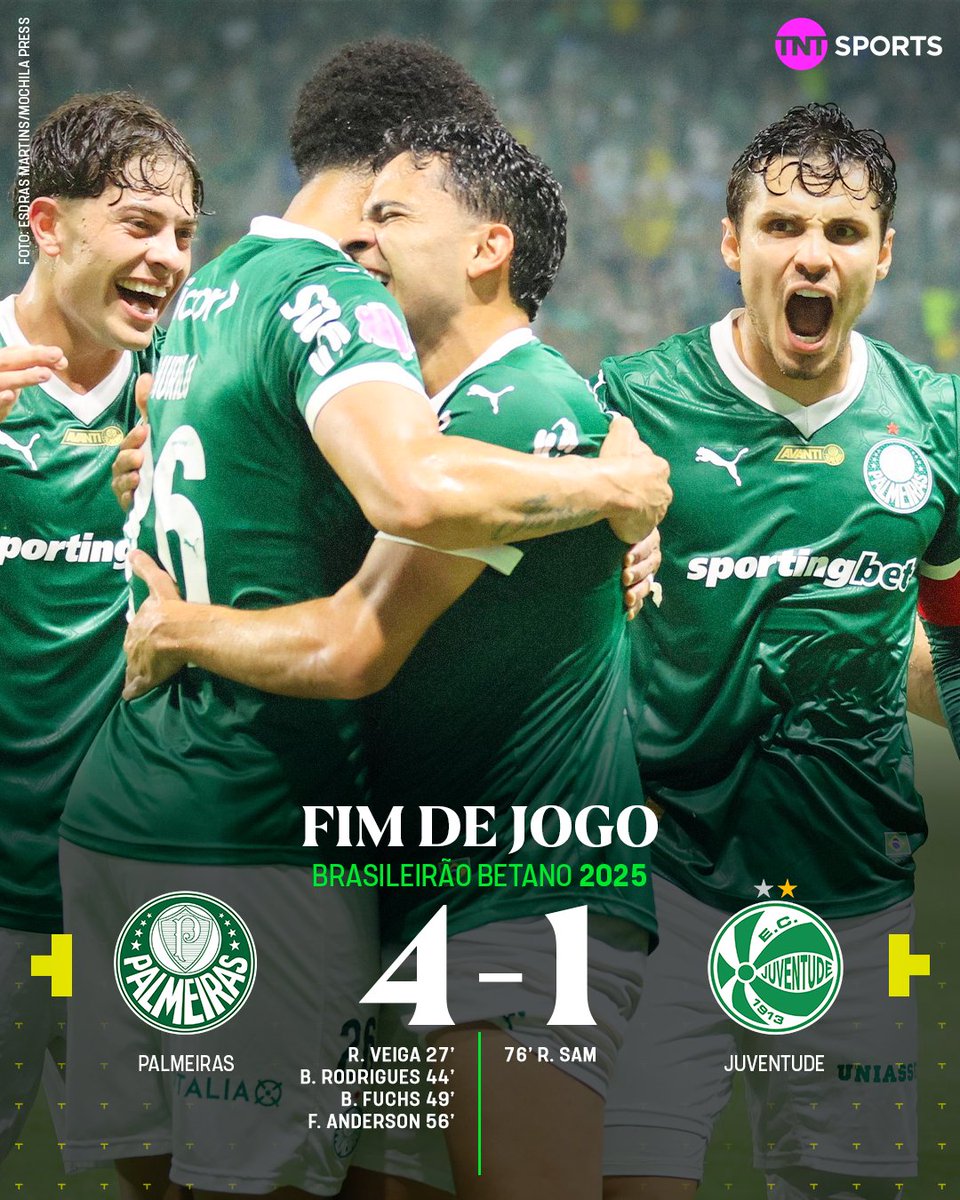 TNTSportsBR's tweet image. SEGUEEEEE O LÍDER! 😎🐷

O Palmeiras ATROPELOU o Juventude e abriu vantagem na liderança do Brasileirão Betano! 

#BrasileirãoBetano #FutebolBrasileiro