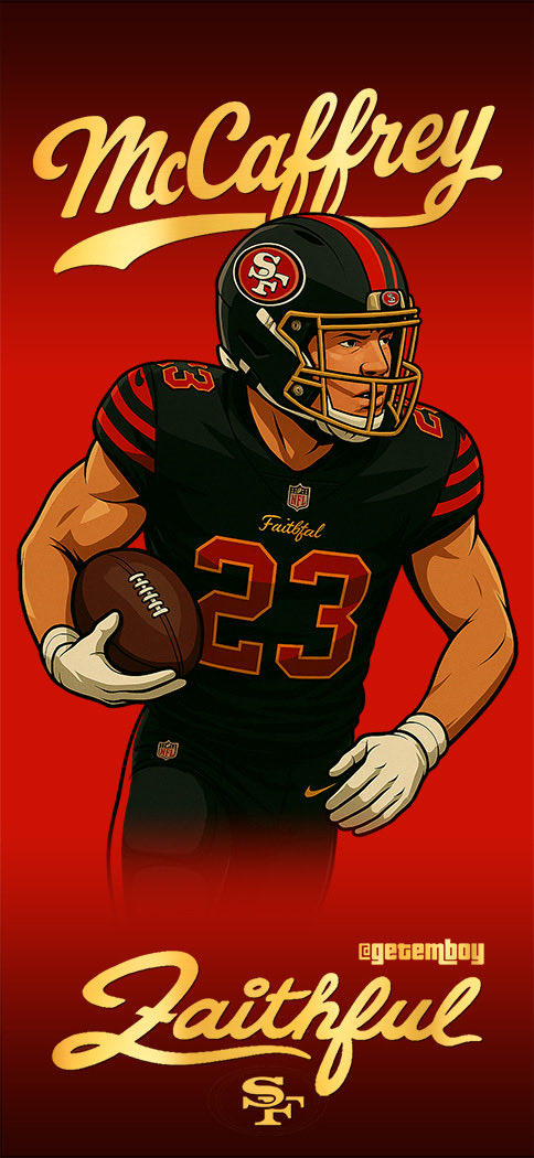 GETEMBOY's tweet image. New McCaffrey Rivalry Wallpaper. Enjoy! #ComicArt #49ersComic #GBComics #Rivalry #Faithful  #GETEMBOY #49ers #FTTB  💪🏽🏈