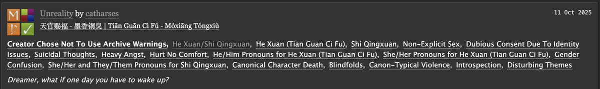 afterwhalefalls's tweet image. Unreality
Day 5 - Dreams | Blindfolded
1k words | 1/1 | on reality and its perception
archiveofourown.org/works/72317891 
Mind the tags please!

#beefleafweek2025 @fandom_beefleaf