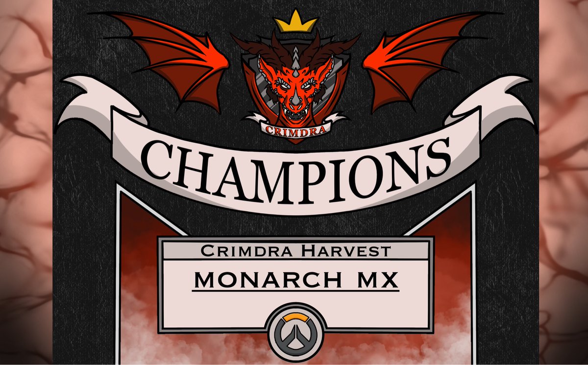 And with the conclusion of our Harvest Tournament 🎃, we crown our newest champions…

<a href="/mnrchgg/">monarch</a> 🦋

Congrats for the GF victory in a 3-2 close match against the NOVA Nighthawks!

Top 3:
🥇 - monarch mx
🥈 - NOVA Nighthawks
🥉 - CU Black

GG’S EVERYONE! ❤️🦇
#Crimdra #Overwatch2
