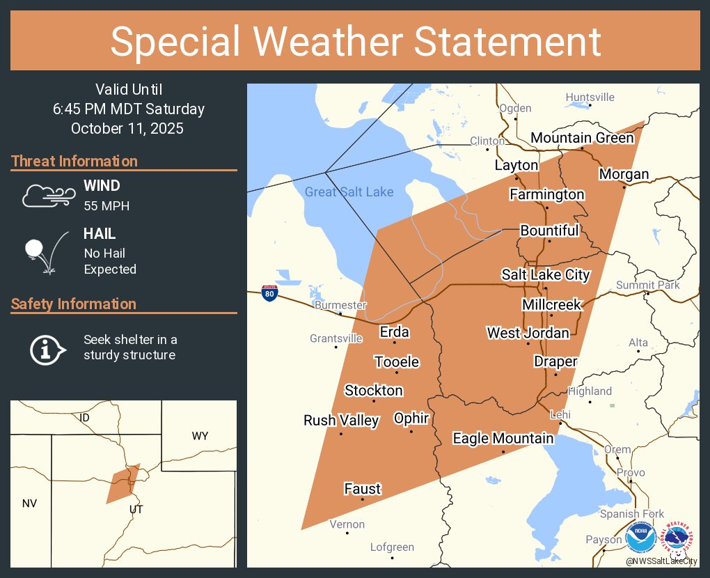 A special weather statement has been issued for Salt Lake City UT, West Valley City UT and  West Jordan UT until 6:45 PM MDT