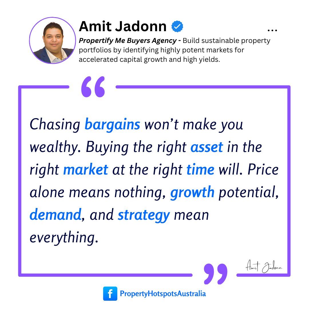 PropertifyMe's tweet image. Buying cheap isn&apos;t the goal, buying smart is! 

Focus on potential, demand, and timing for property success. Don&apos;t chase &quot;cheap&quot;; chase opportunity! 

#PropertyInvesting #FutureGrowth #DataDrivenInvesting #IBuy4U #AmitJadonn #PropertifyMe #PropertyHotspotsAustralia