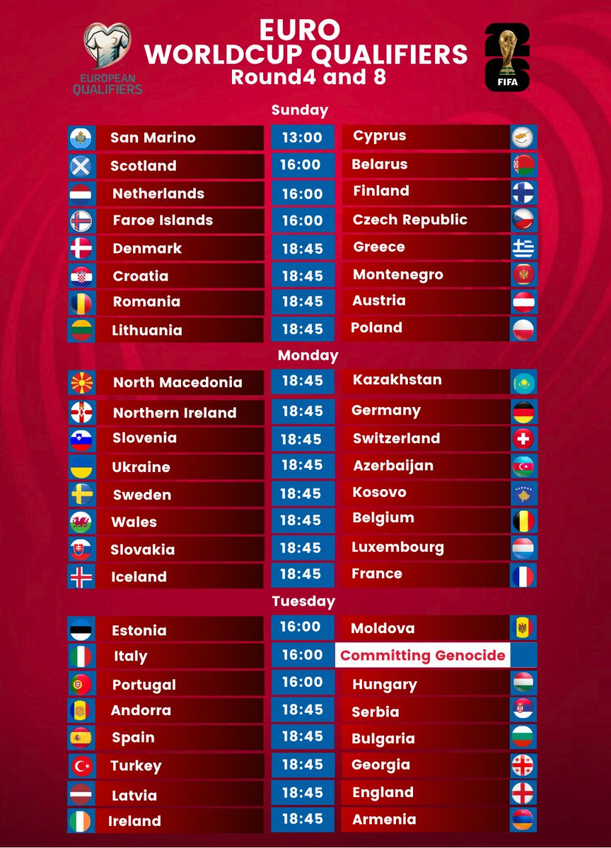 FTextraTime's tweet image. EURO #WCQ2026 Gameweek 4 &amp;amp; 8 Fixtures.
