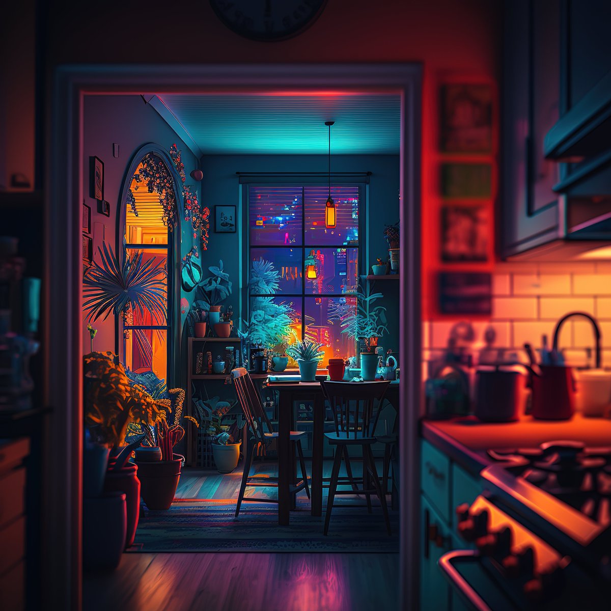 NoBanksNearby's tweet image. 4:18 AM. Through that portal-like archway, deep oranges meet the city&apos;s neon pulse. Inside, tranquil blues and fiery reds paint a quiet space, alive with plants. This unique minute, before the world demands, is your canvas for reflection. See it. Feel it.

#ETH #NFTArt…