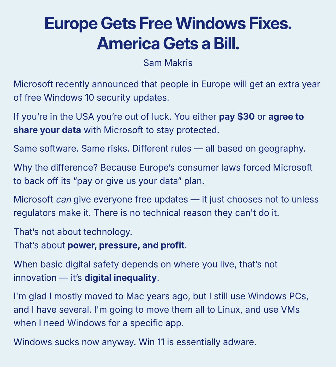 sam_makris's tweet image. Keep throwing daggers at your users #Microsoft.  All you are doing is accelerating the demise of #Windows.

My wife and in-laws are due for new machines, and I will refuse to buy anything with Windows on it.
