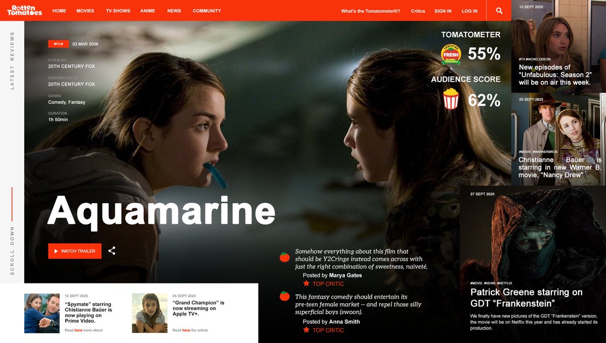 TomatoesRP's tweet image. 𝗥𝗼𝘁𝘁𝗲𝗻 𝗧𝗼𝗺𝗮𝘁𝗼𝗲𝘀 𝗇𝖾𝗐 𝗉𝗈𝗌𝗍!
𝖬𝗈𝗏𝗂𝖾𝗌 › #RottenTomatoesRP 🍅

Aquamarine has received its official Rotten Tomatoes review — critics call it “a sweet and timeless story about friendship and growing up.”