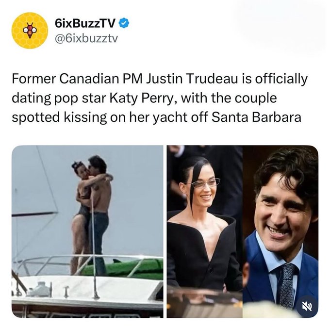 Two side-by-side photos on the left show a couple embracing and kissing on a yacht deck with ocean view, the man shirtless in swim trunks and the woman in a black bikini top, while the right side features formal portraits of Katy Perry in a black dress with glasses smiling and Justin Trudeau in a suit smiling.
