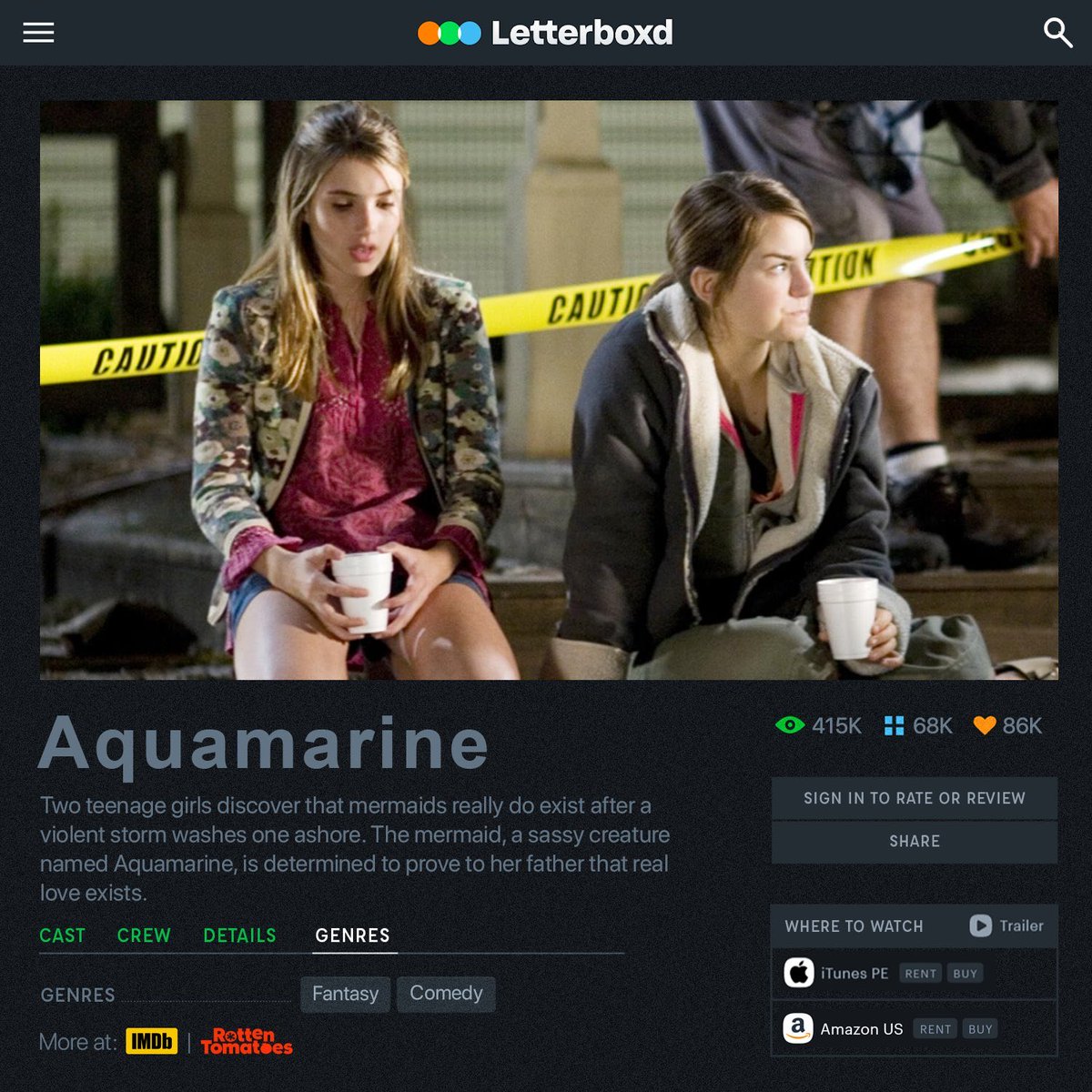 LetterboxdRP's tweet image. #LetterboxdRP › 𝖱𝖾𝗏𝗂𝖾𝗐 🟠🟢🔵
❨ 𝖬𝗈𝗏𝗂𝖾 • 𝟤𝟢𝟢𝟨 ❩ • 𝖭𝗈𝗐 𝗈𝗇 𝖡𝗅𝗎-𝗋𝖺𝗒 ™ 

Two teenage girls discover that mermaids really do exist after a violent storm washes one ashore. #AquamarineRP