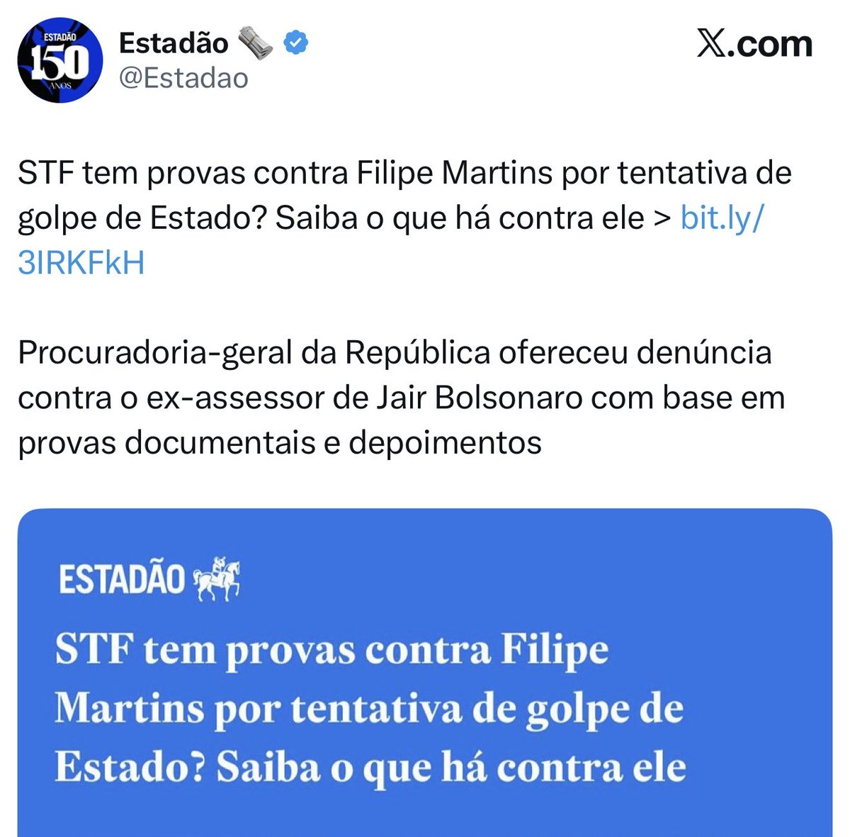 marsiglia_andre's tweet photo. 🚨 Filipe Martins foi preso com base em uma mentira, e é acusado de participar de uma reunião da qual ninguém prova que tenha participado, sobre uma minuta que ninguém diz que tenha escrito. Mas, contra o bolsonarismo, para o Estadão, parece que vale tudo https://t.co/e5NjyNIENu