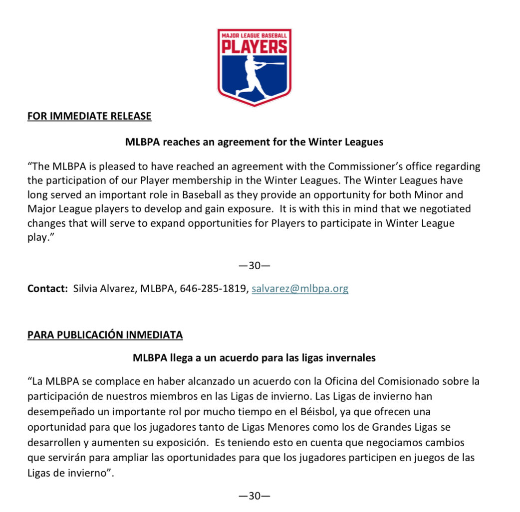 FOR IMMEDIATE RELEASE
 
MLBPA reaches an agreement for the Winter Leagues