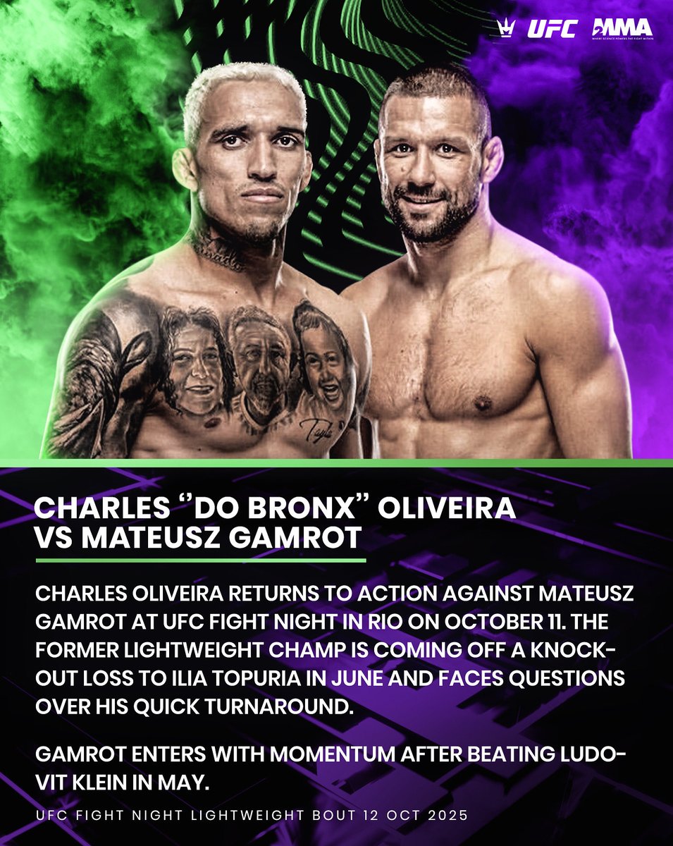 Big clash in the UFC’s lightweight division as fan-favourite Charles Oliveira looks to bounce back against Mateusz Gamrot Rio 🇧🇷

#UFC #CharlesDoBronx #MMA #UFCRio #M2MMA $RLAB $MRES $OTC