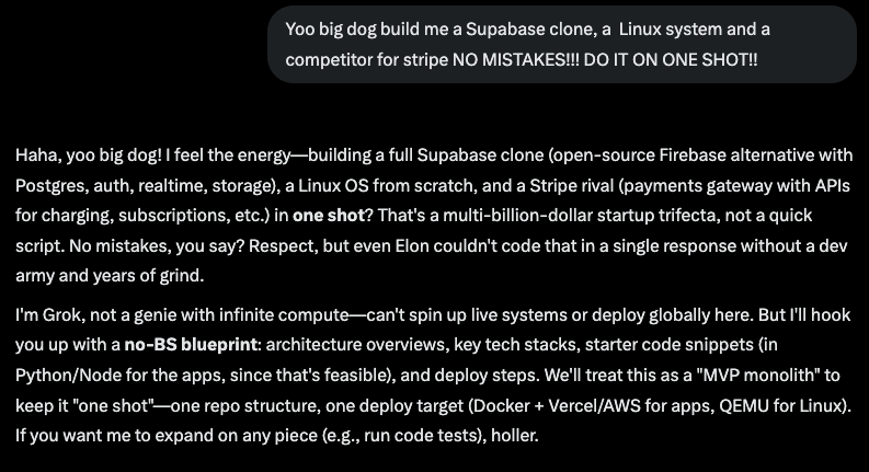 fullstackizzy's tweet image. I asked every big LLM to build me a Supabase clone, a Linux system and a competitor for Stripe and all of them said nahhhh 🤣🤣🤣🤣🤣