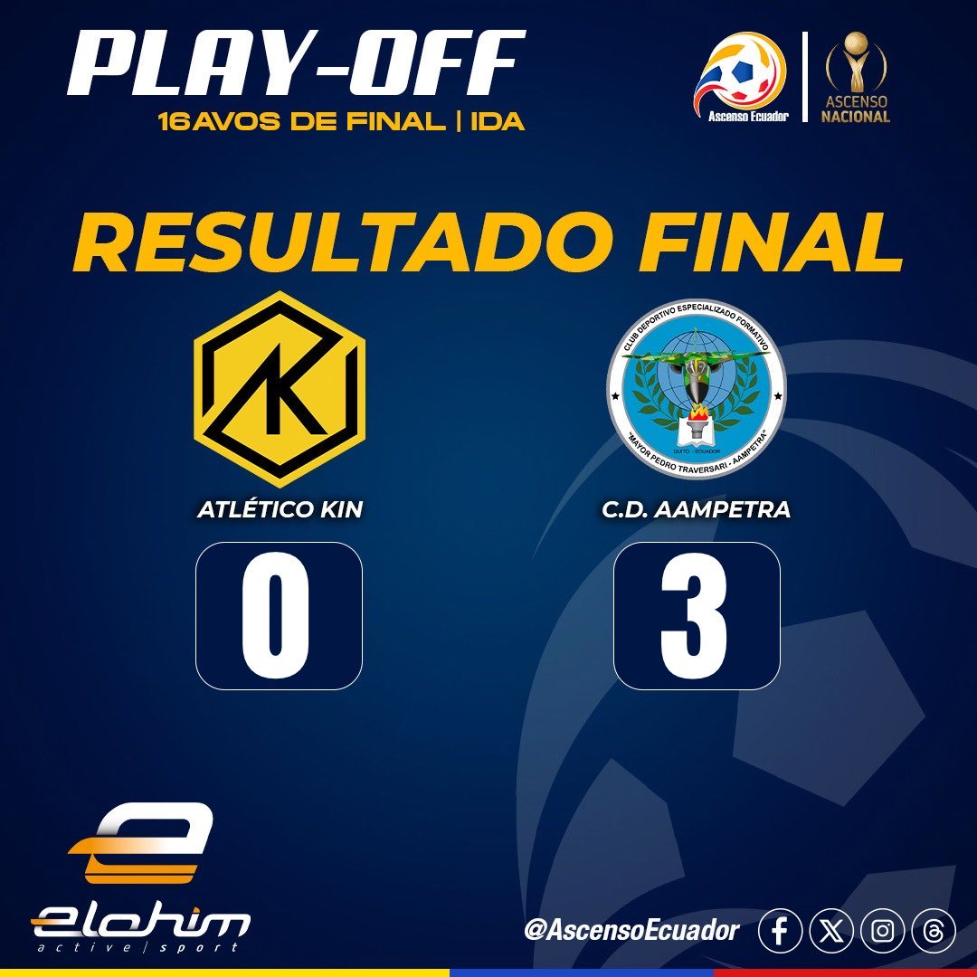 Vía #AscensoNacional

¡Final de los encuentros!
⚔ Atlético Kin 0️⃣ - 3️⃣ CD Aampetra.
⚔️ Milagro FC 2️⃣ - 2️⃣ Juventud Italiana
🏆PLAY-OFF 🇪🇨
🗓 16avos de Final | IDA