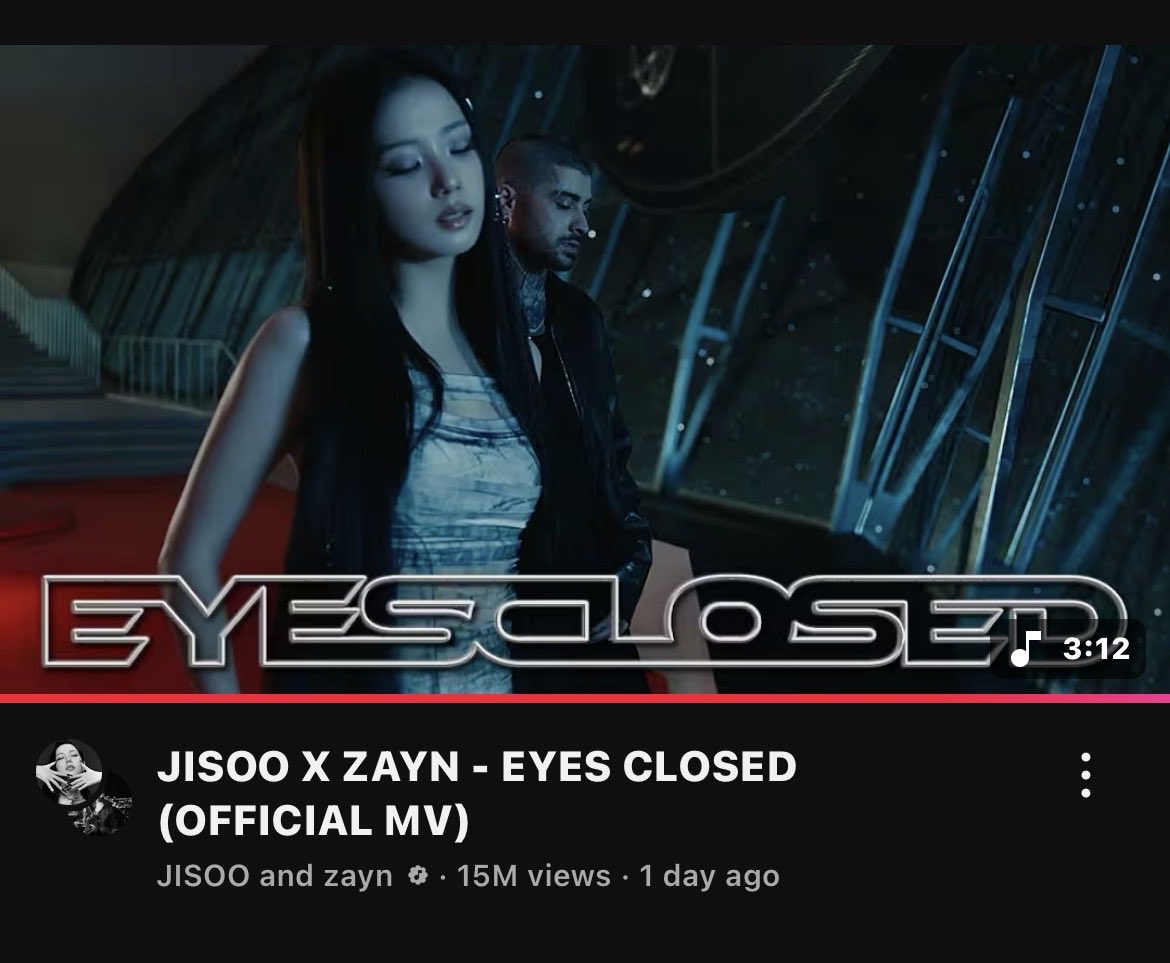 JisooBrasil's tweet image. 📈 O MV de “EYES CLOSED” da JISOO e Zayn ultrapassou 15 milhões de visualizações e 1,6 milhão de curtidas no YouTube em 1 dia e 20 horas.

#JISOO #지수 @officialBLISSOO