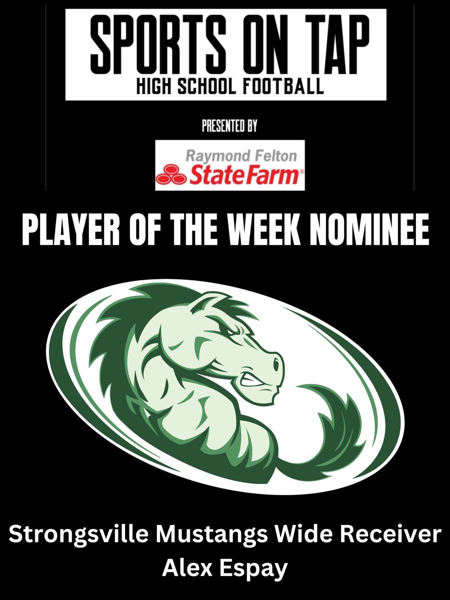 Strongsville Mustangs WR Alex Espay
11 Catches 182 Yards 2 Touchdown’s
91 Yard Kickoff Return Touchdown
<a href="/scsmustangs/">Mustang Athletics</a> <a href="/Strongsville_FB/">StrongsvilleFootball</a> <a href="/jason_trusnik/">Jason Trusnik (official acct.)</a> <a href="/Ohio_GCC/">Greater Cleveland Conference</a> <a href="/Alex_espay2/">Alex Espay⭐️</a>
