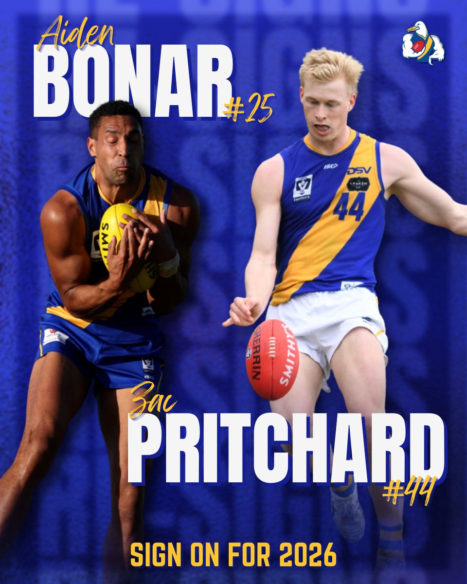 Look who's on board for 2026 💪

Williamstown defenders Aiden Bonar and Zac Pritchard have inked VFL contracts for the 2026 season. Pritchard will enter his fourth Gull season and Bonar his third, when the pair reunite for pre-season later this year.

More details: