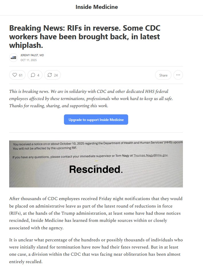 greg_folkers's tweet image. Inside Medicine: Breaking News: RIFs in reverse. Some CDC workers have been brought back, in latest whiplash

by @jeremyfaust 
@CDCgov 

bit.ly/3W4AHzk