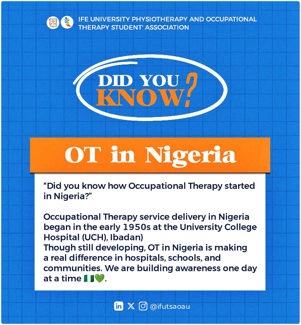 NorseKid's tweet photo. Did You Know Your Legacy Began in 2002? OAU's Medical Rehabilitation Department set the standard by starting Nigeria's first university-based OT program. Proud to be part of the history!
✨ Get ready Big things are coming!
#WorldOccupationalTherapyDay2025
#OTinAction
#IFUTSAOAU https://t.co/6IQ9tgIwza