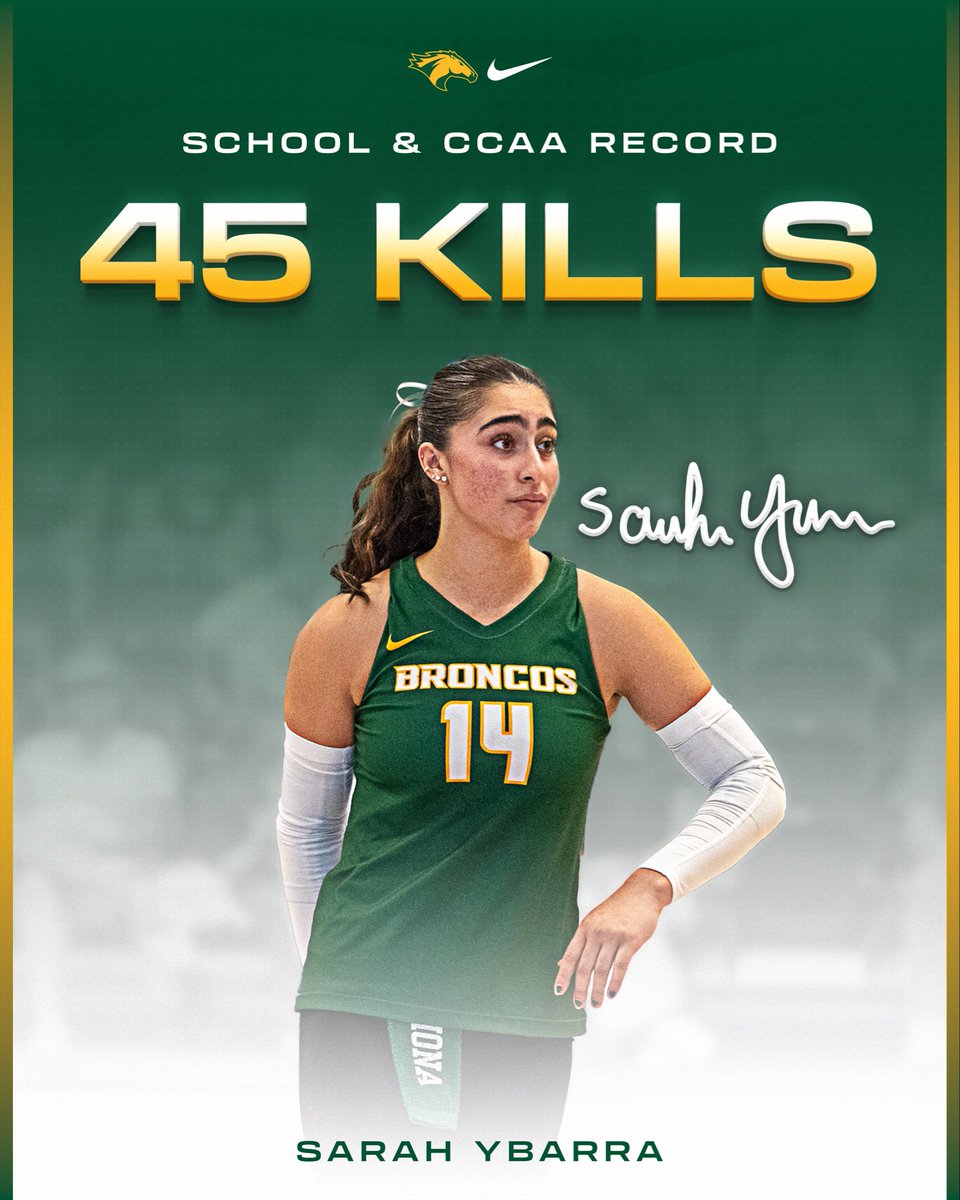 cppbroncos's tweet image. THE GREATEST PERFORMANCE IN @cppvolleyball HISTORY 🤯
Sarah Ybarra recorded FORTY-FIVE kills in the 5-set win over Cal State East Bay, breaking the @cppvolleyball record while also tying the @goccaa record!
It is the 5th-most kills in a match in @NCAADII history 😱
#WeAreCPP